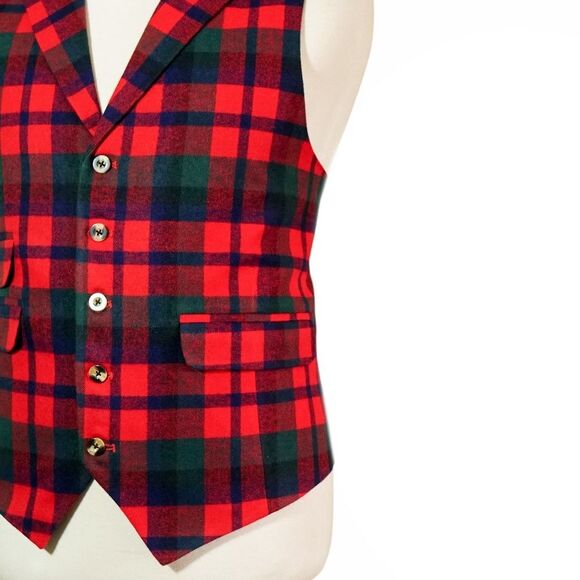 Mens 46R Plaid Wool Waistcoat Vest Red Blue Green Formal Wedding Business Party - Picture 5 of 8